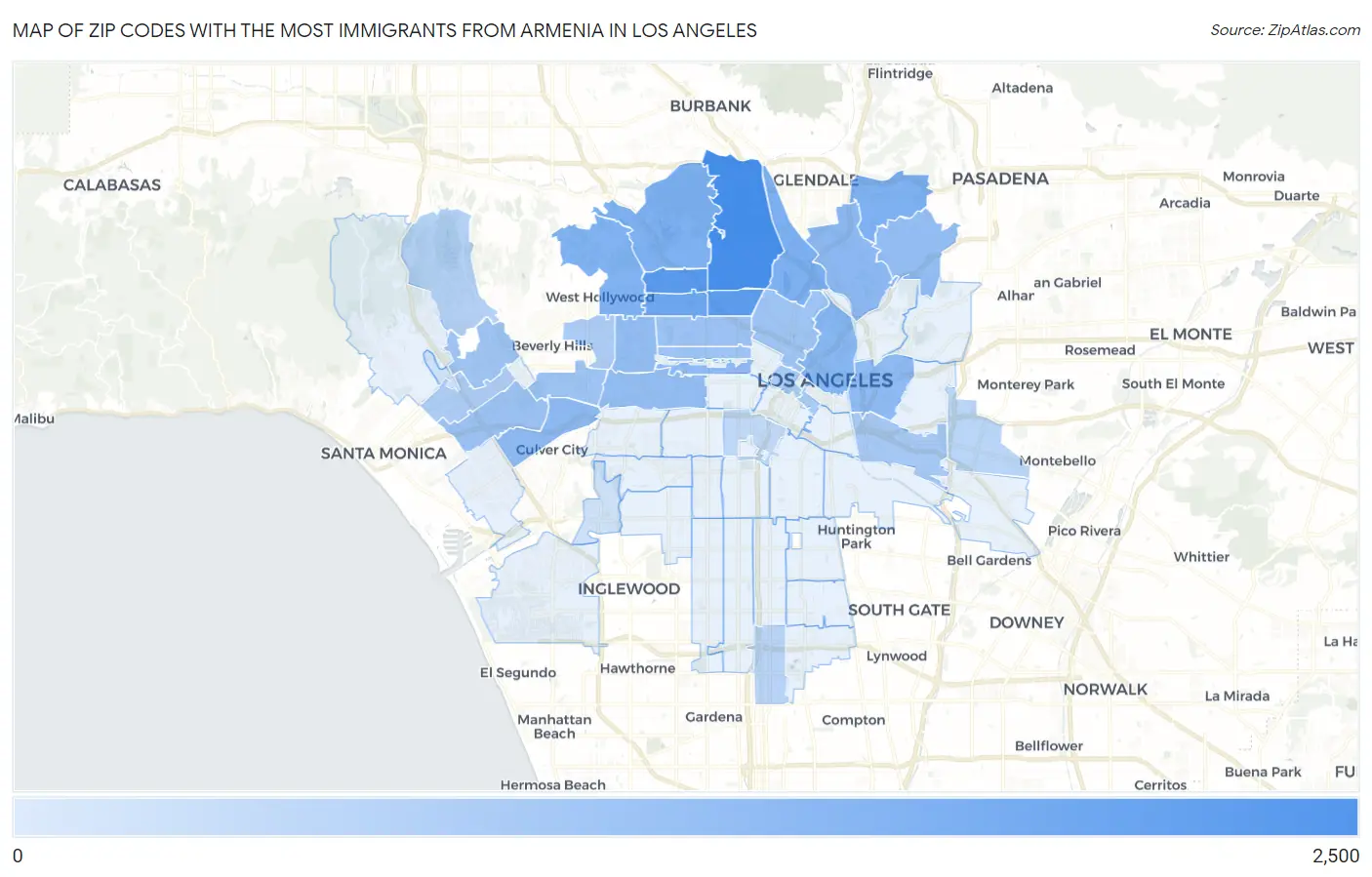 Zip Codes with the Most Immigrants from Armenia in Los Angeles Map