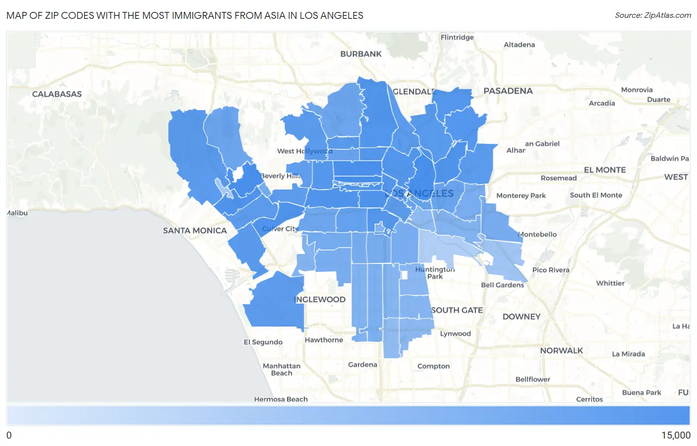 Zip Codes with the Most Immigrants from Asia in Los Angeles Map