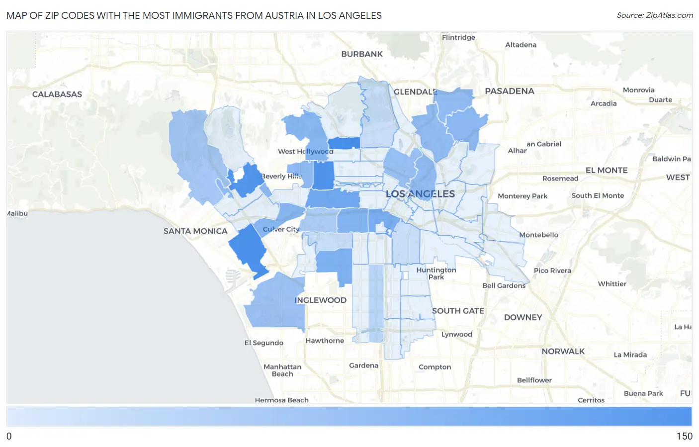 Zip Codes with the Most Immigrants from Austria in Los Angeles Map