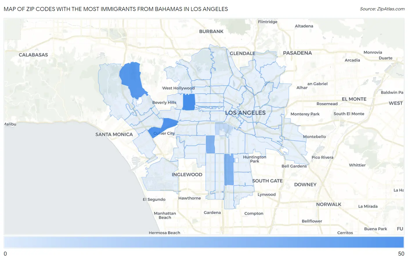 Zip Codes with the Most Immigrants from Bahamas in Los Angeles Map