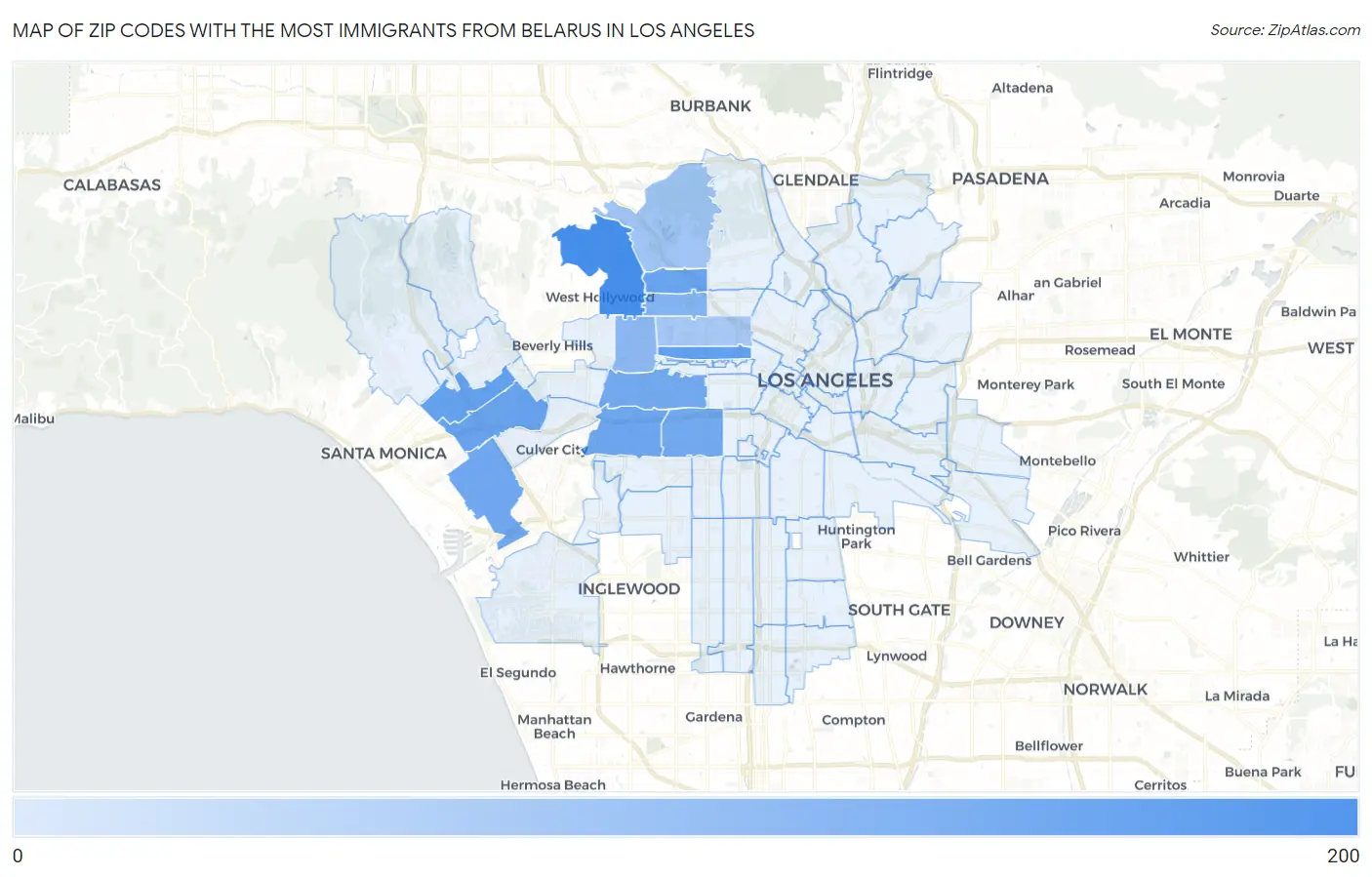 Zip Codes with the Most Immigrants from Belarus in Los Angeles Map