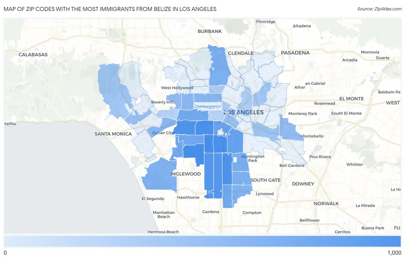 Zip Codes with the Most Immigrants from Belize in Los Angeles Map