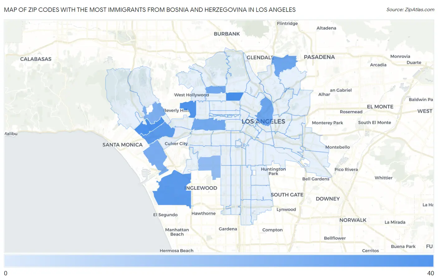 Zip Codes with the Most Immigrants from Bosnia and Herzegovina in Los Angeles Map
