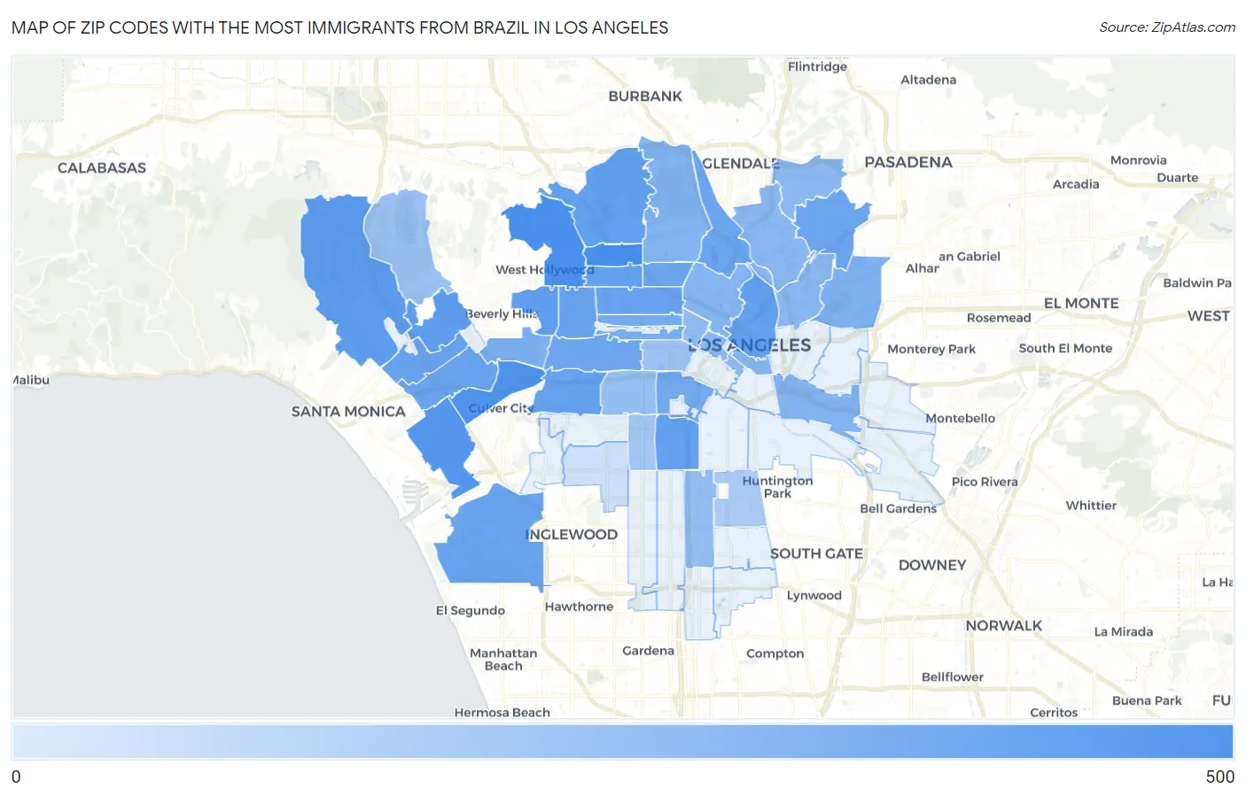Zip Codes with the Most Immigrants from Brazil in Los Angeles Map