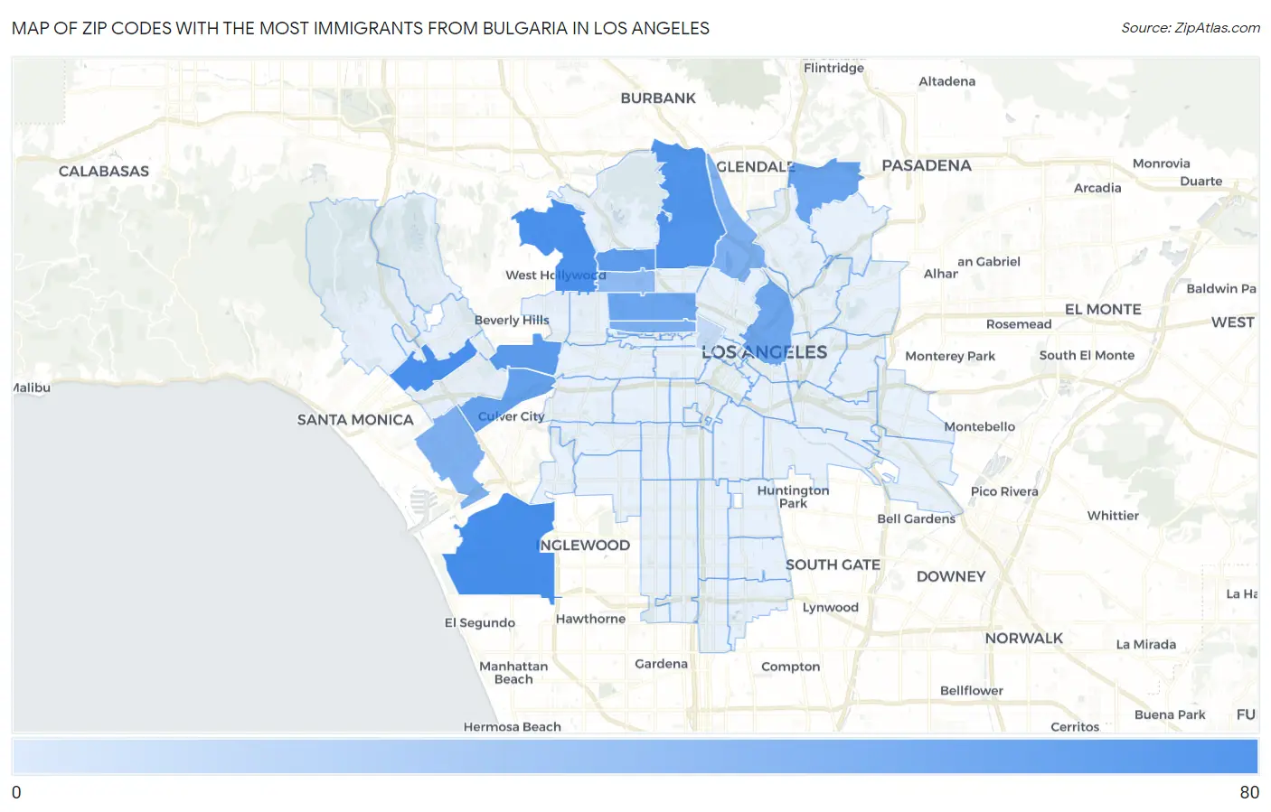 Zip Codes with the Most Immigrants from Bulgaria in Los Angeles Map