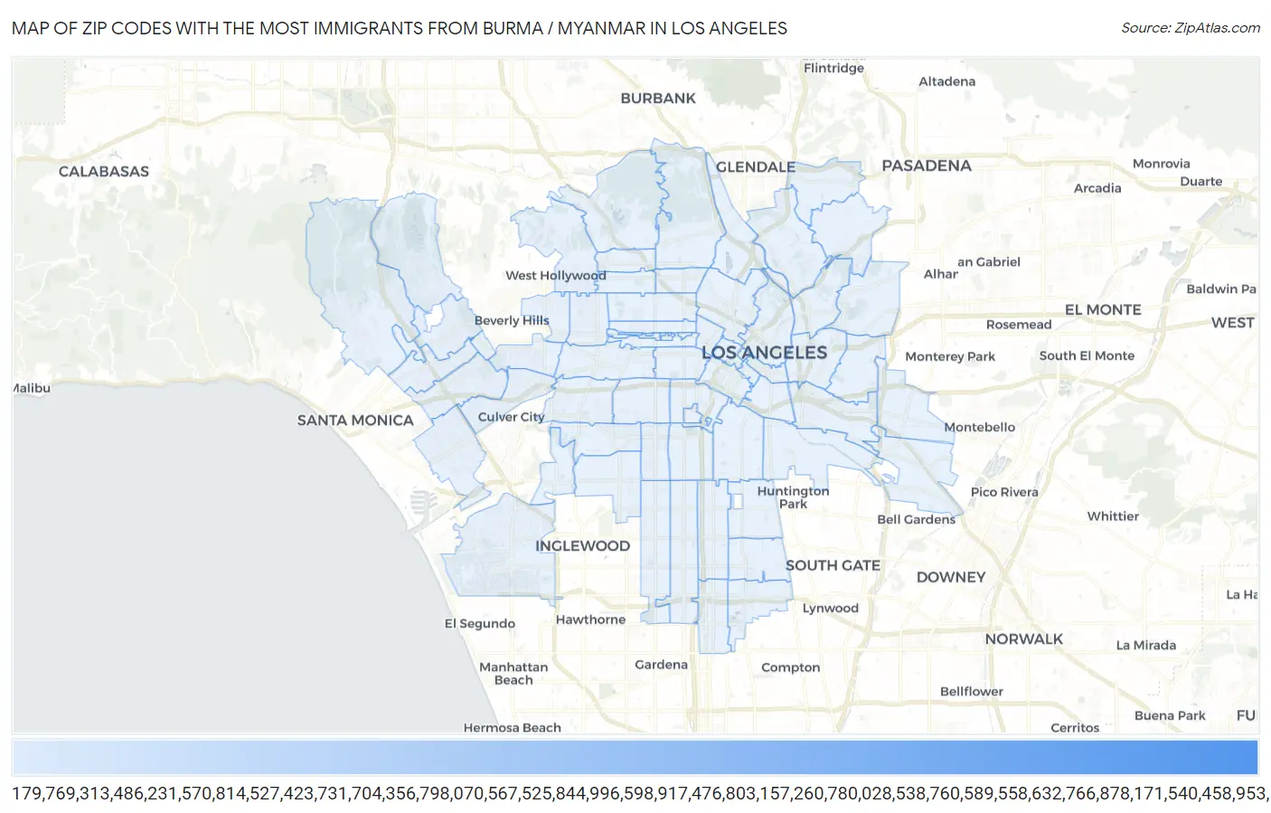 Zip Codes with the Most Immigrants from Burma / Myanmar in Los Angeles Map