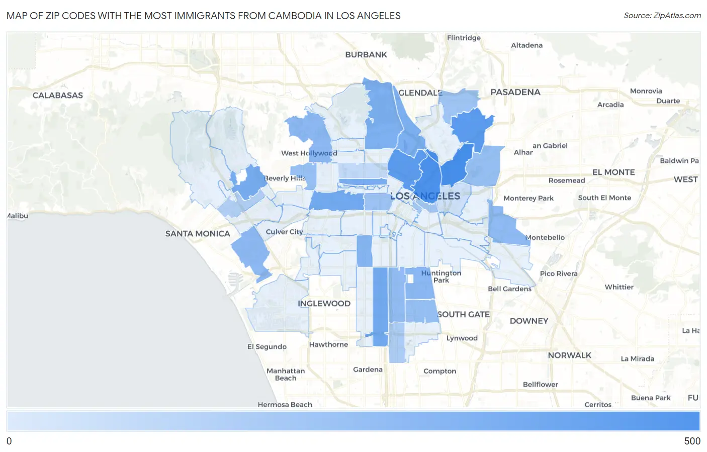 Zip Codes with the Most Immigrants from Cambodia in Los Angeles Map