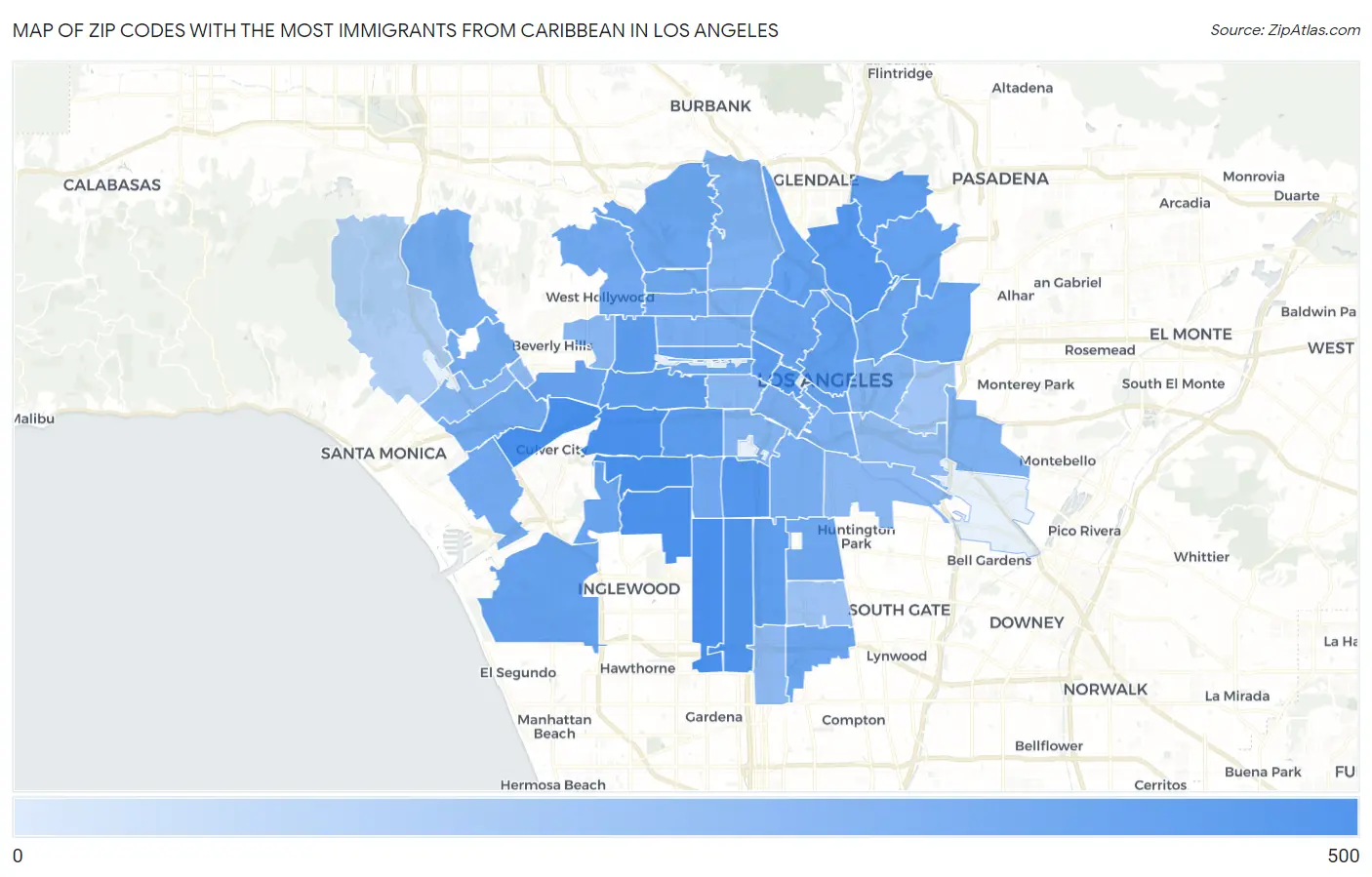 Zip Codes with the Most Immigrants from Caribbean in Los Angeles Map