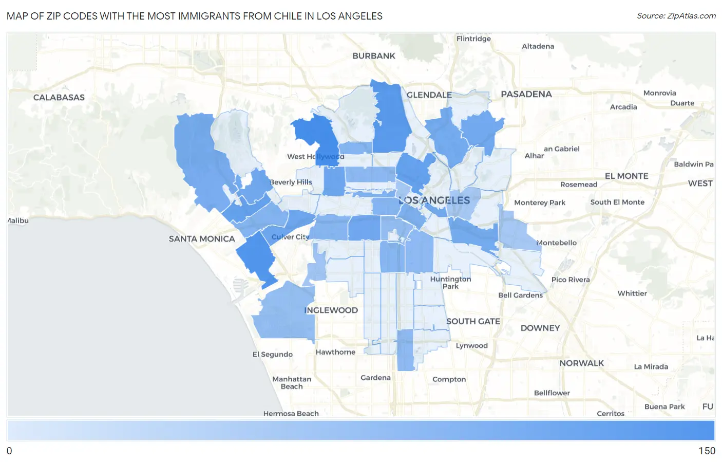 Zip Codes with the Most Immigrants from Chile in Los Angeles Map