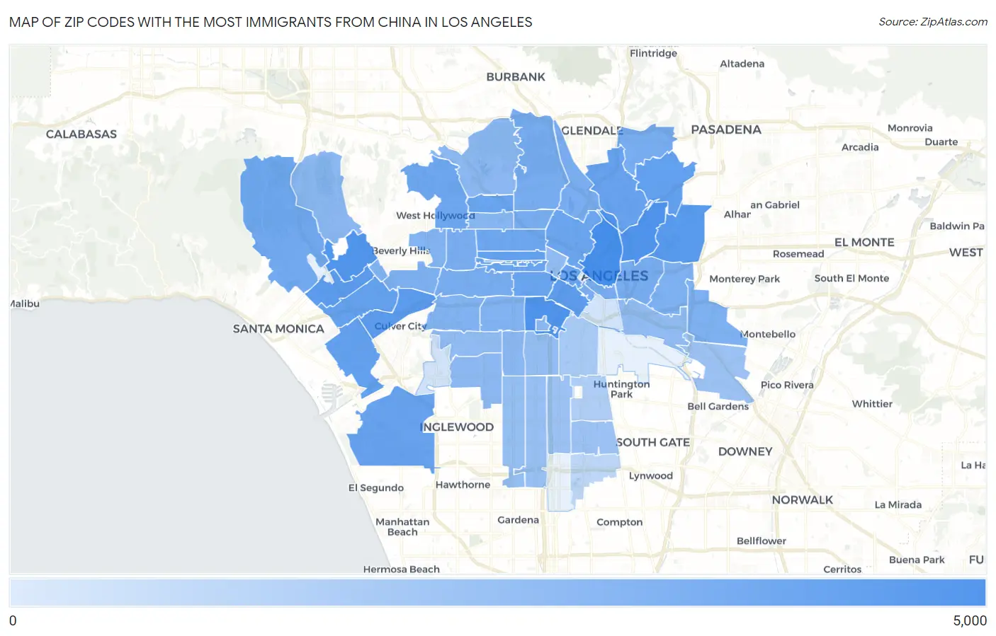 Zip Codes with the Most Immigrants from China in Los Angeles Map