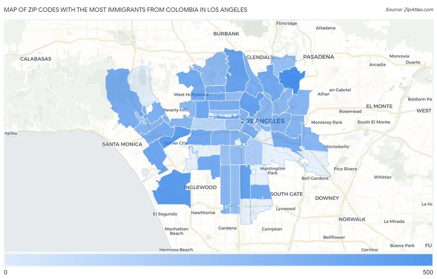 Zip Codes with the Most Immigrants from Colombia in Los Angeles Map