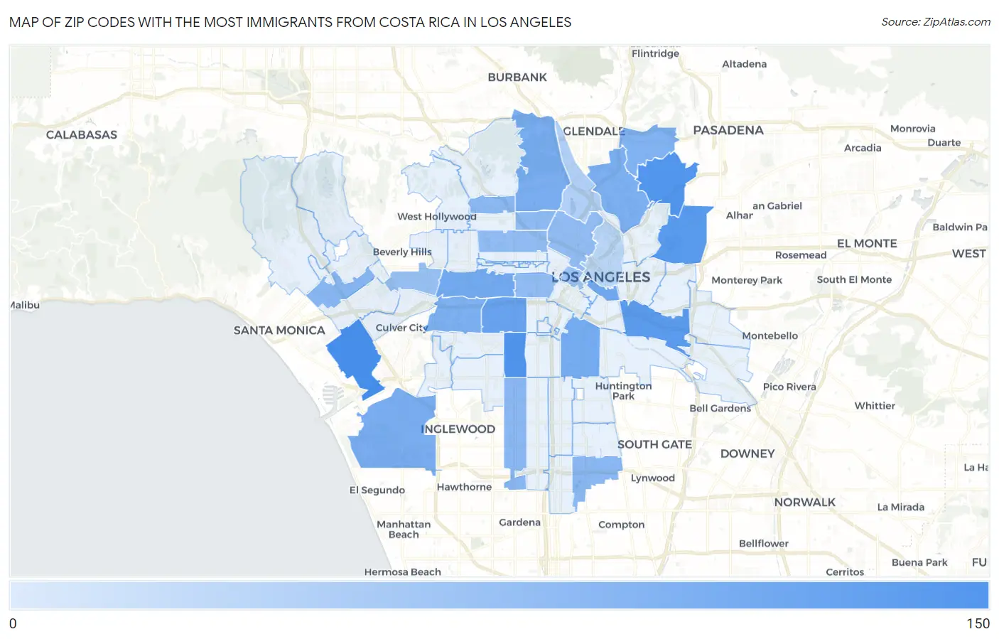 Zip Codes with the Most Immigrants from Costa Rica in Los Angeles Map