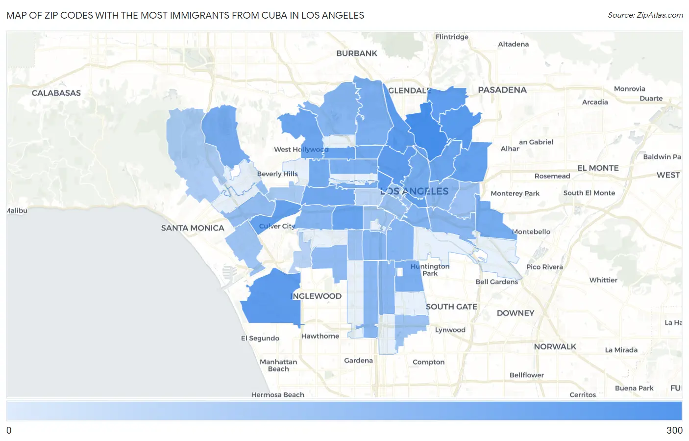 Zip Codes with the Most Immigrants from Cuba in Los Angeles Map