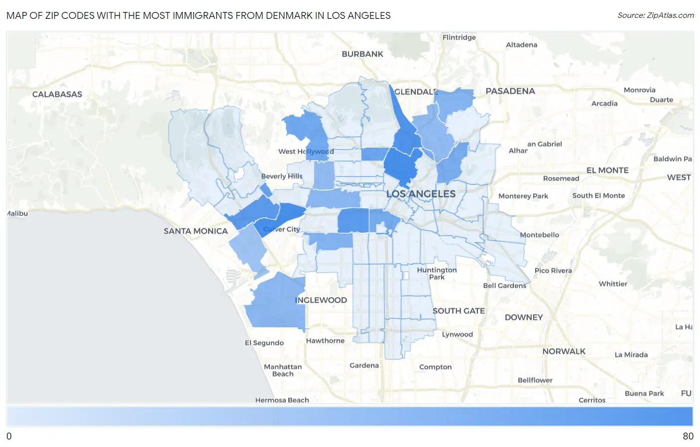 Zip Codes with the Most Immigrants from Denmark in Los Angeles Map