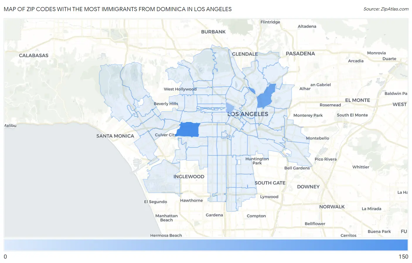 Zip Codes with the Most Immigrants from Dominica in Los Angeles Map