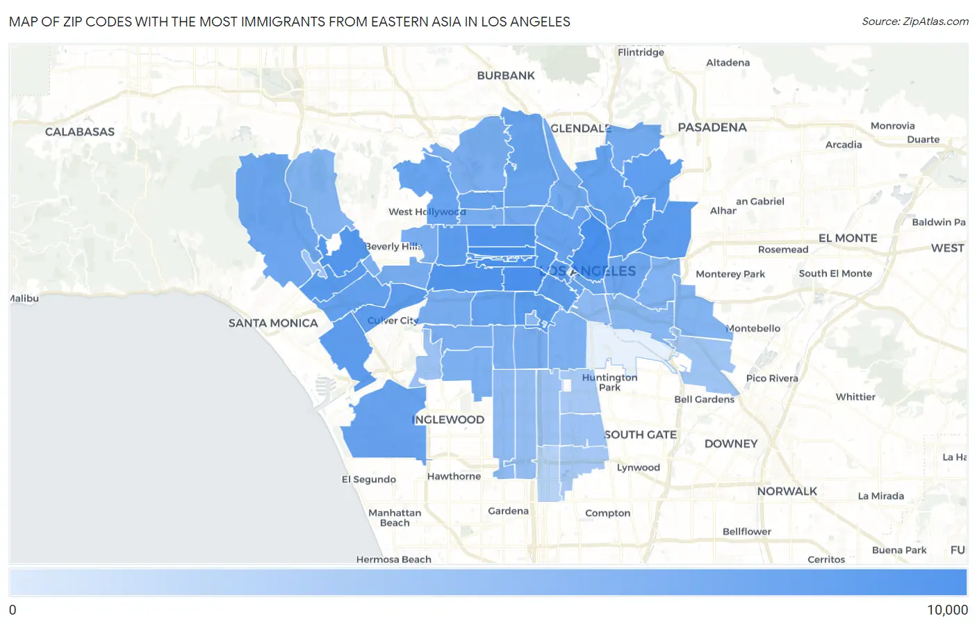 Zip Codes with the Most Immigrants from Eastern Asia in Los Angeles Map