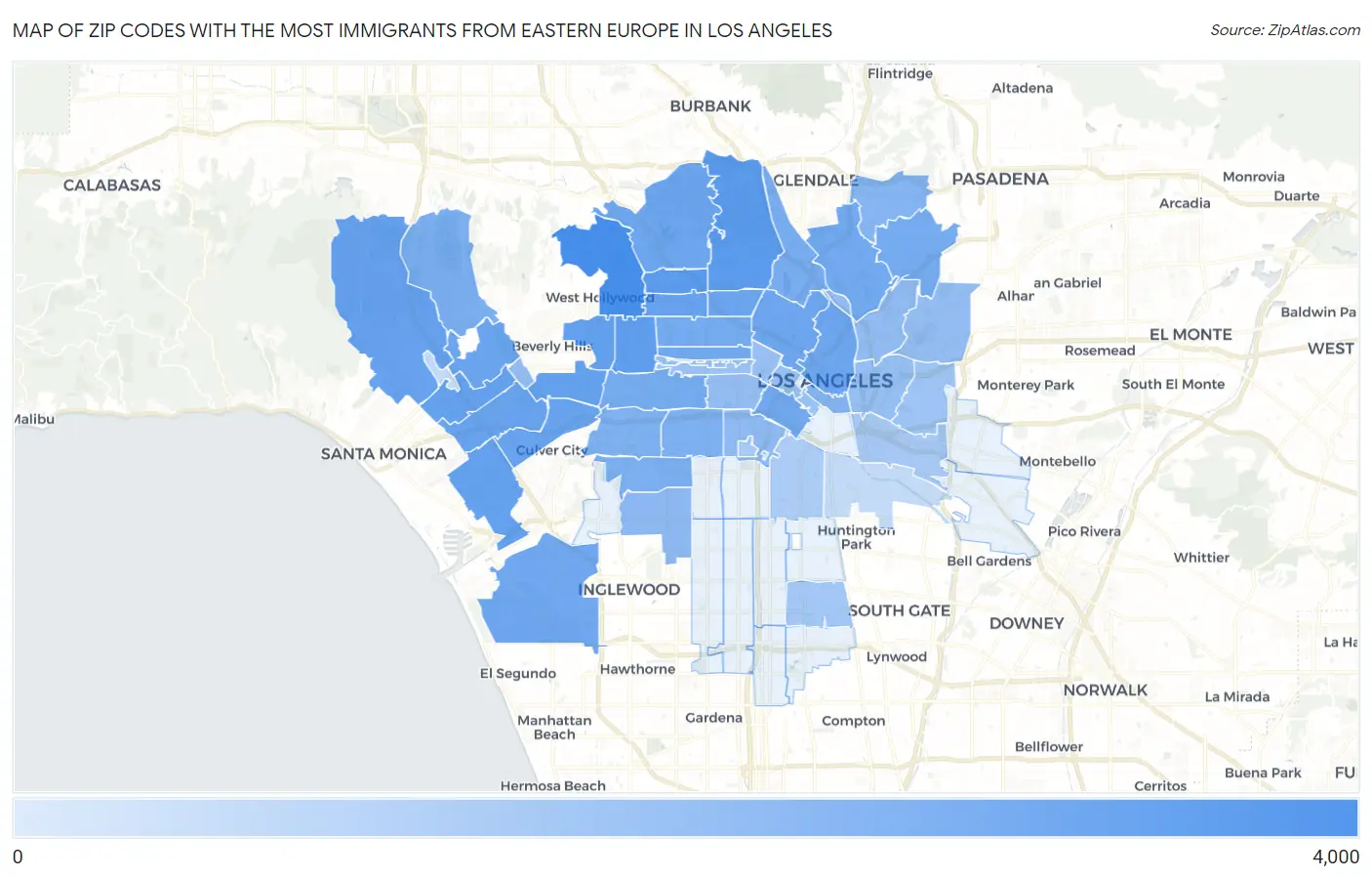 Zip Codes with the Most Immigrants from Eastern Europe in Los Angeles Map