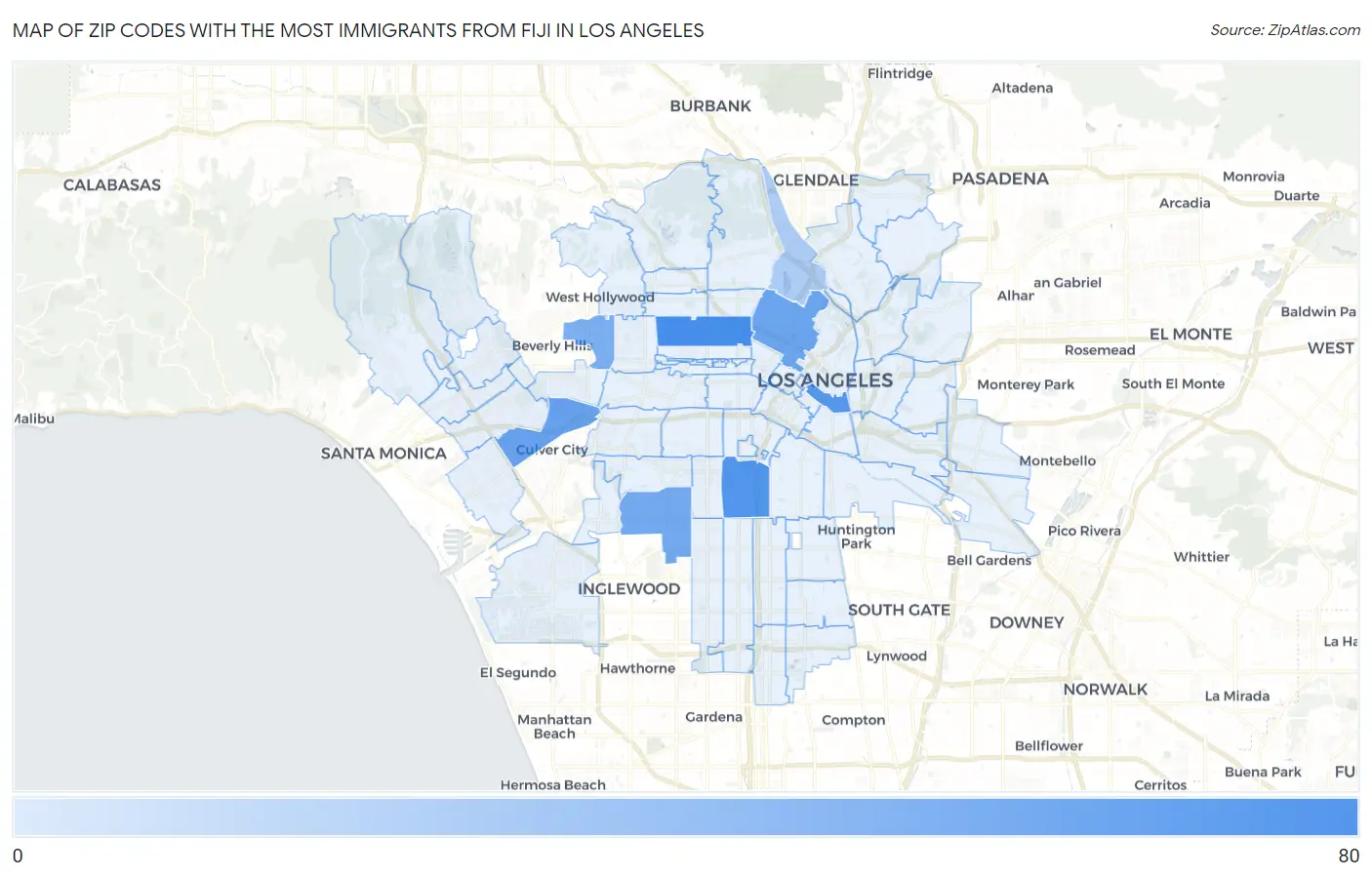 Zip Codes with the Most Immigrants from Fiji in Los Angeles Map