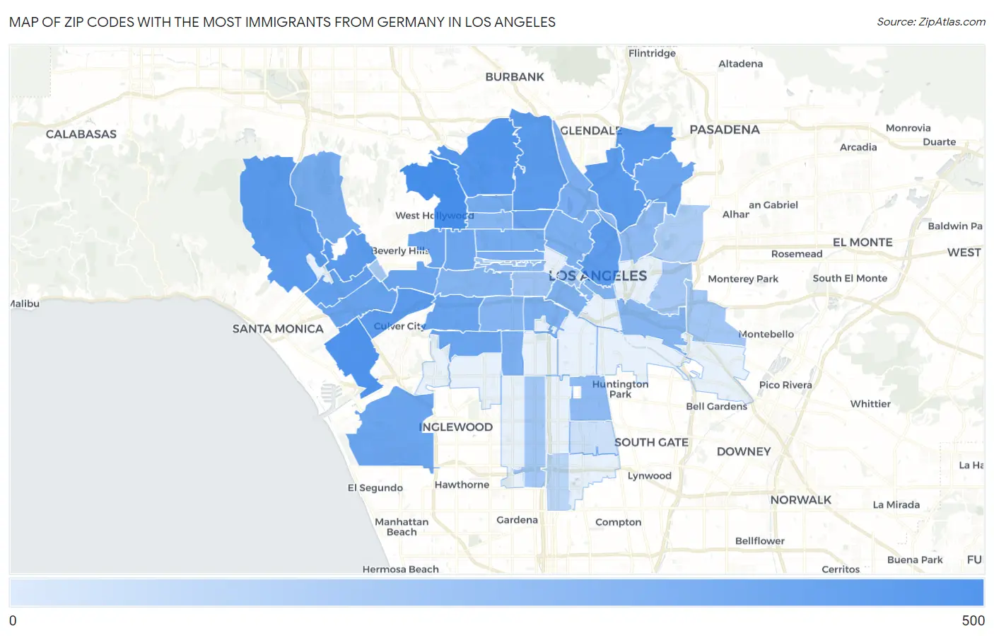 Zip Codes with the Most Immigrants from Germany in Los Angeles Map