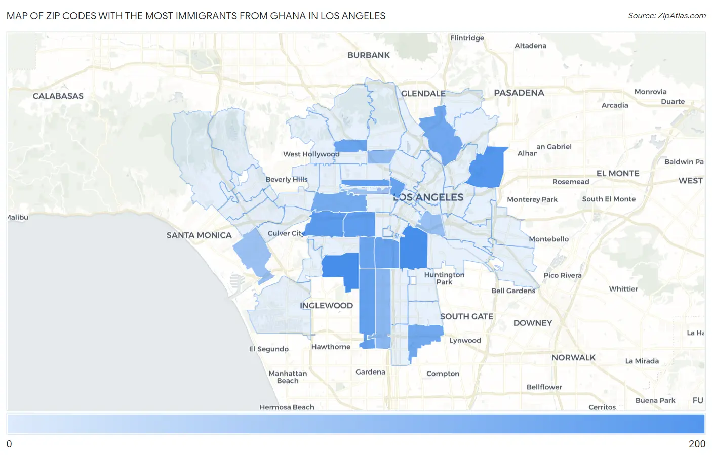 Zip Codes with the Most Immigrants from Ghana in Los Angeles Map