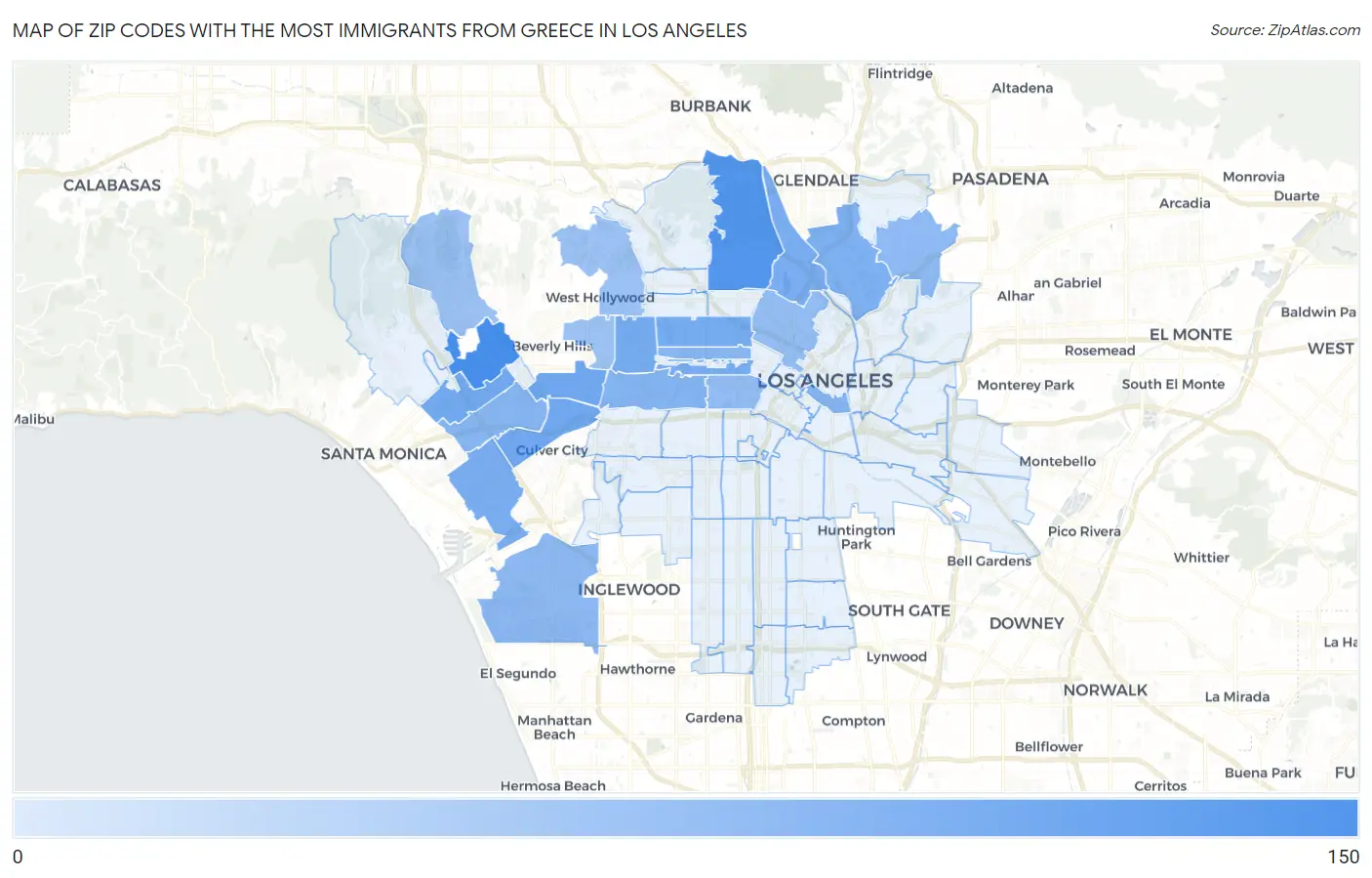 Zip Codes with the Most Immigrants from Greece in Los Angeles Map