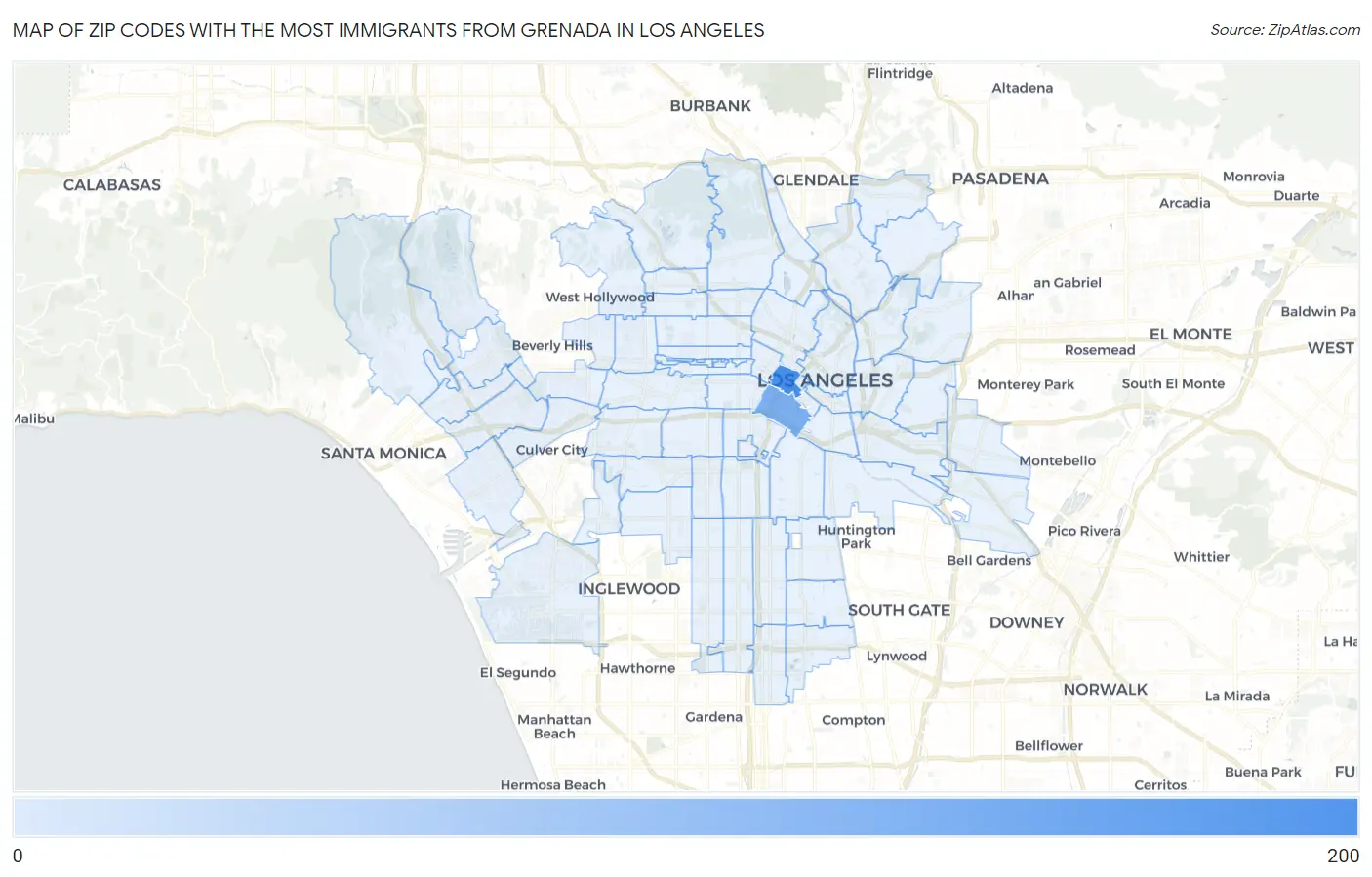 Zip Codes with the Most Immigrants from Grenada in Los Angeles Map