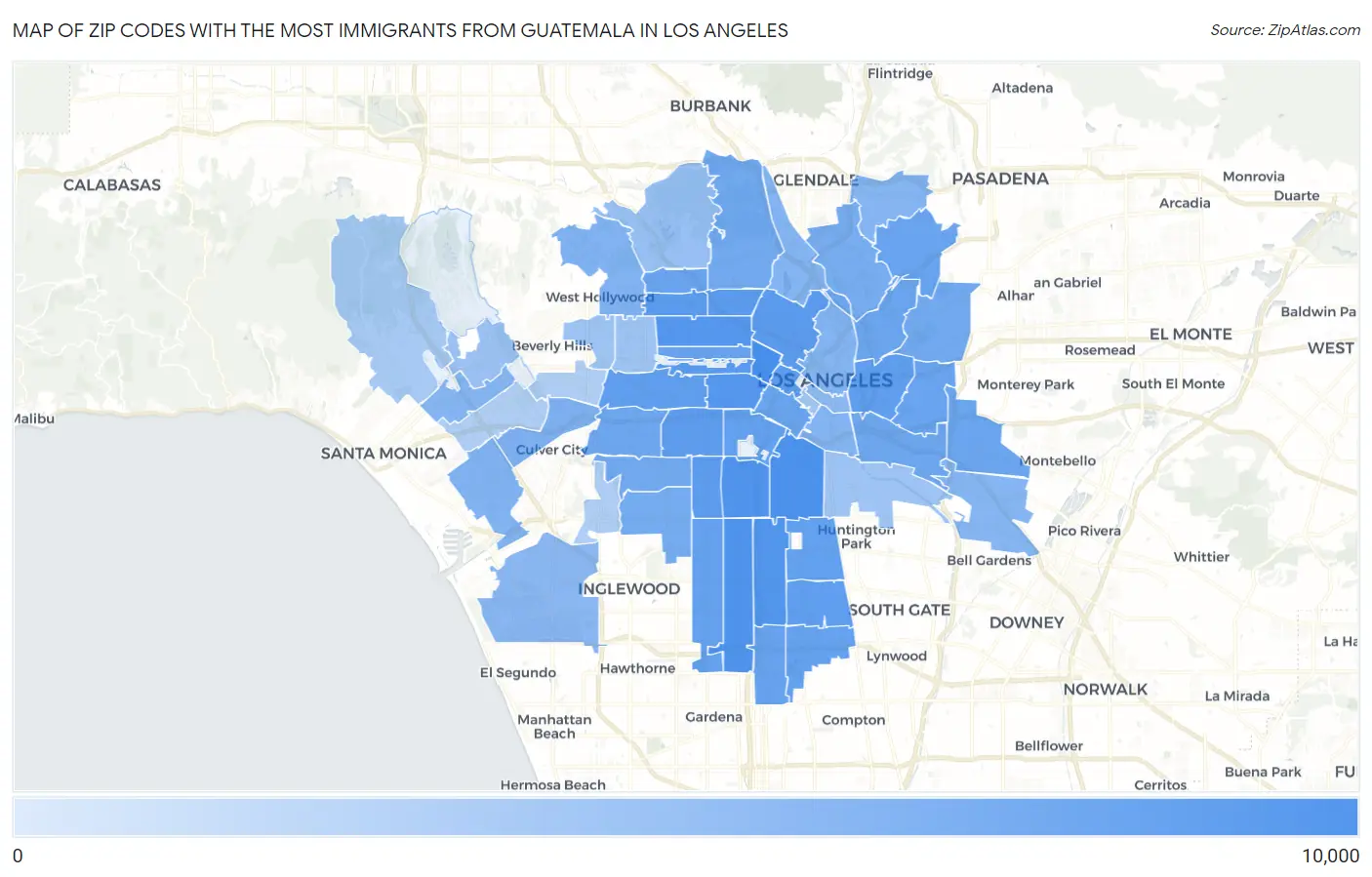 Zip Codes with the Most Immigrants from Guatemala in Los Angeles Map