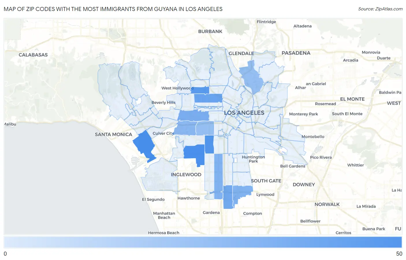 Zip Codes with the Most Immigrants from Guyana in Los Angeles Map