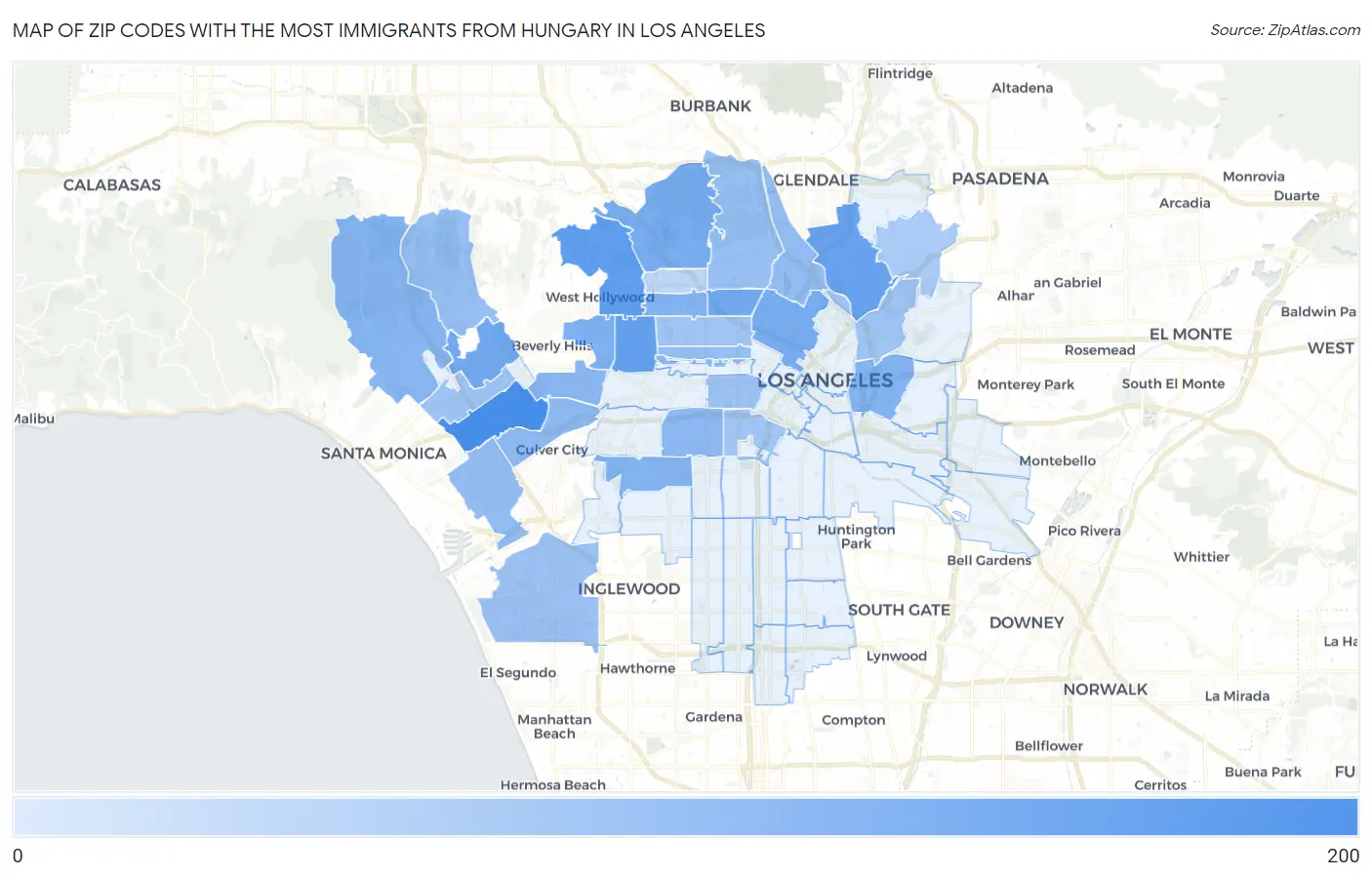 Zip Codes with the Most Immigrants from Hungary in Los Angeles Map
