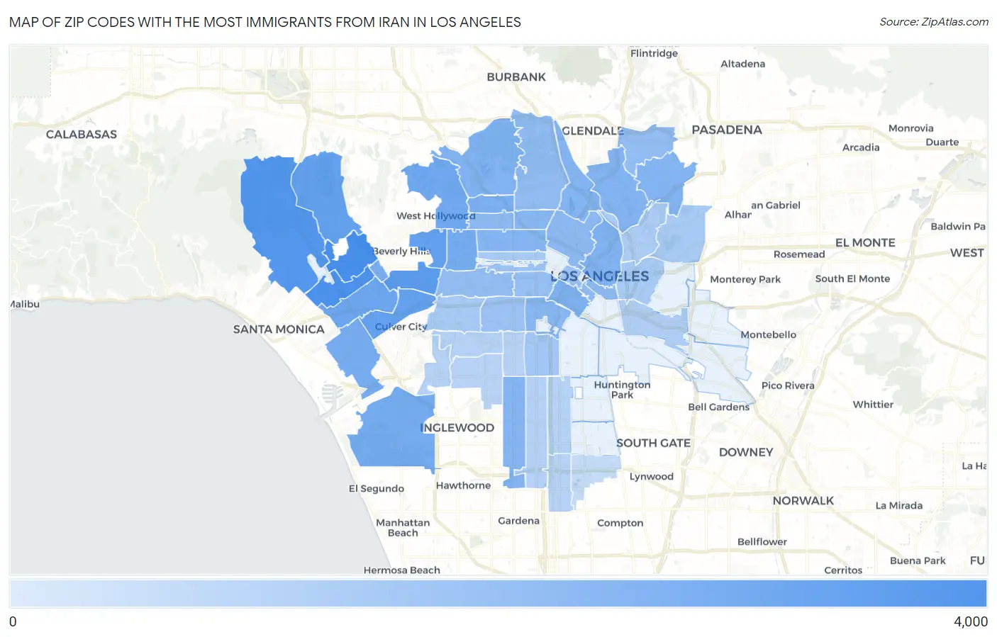 Zip Codes with the Most Immigrants from Iran in Los Angeles Map
