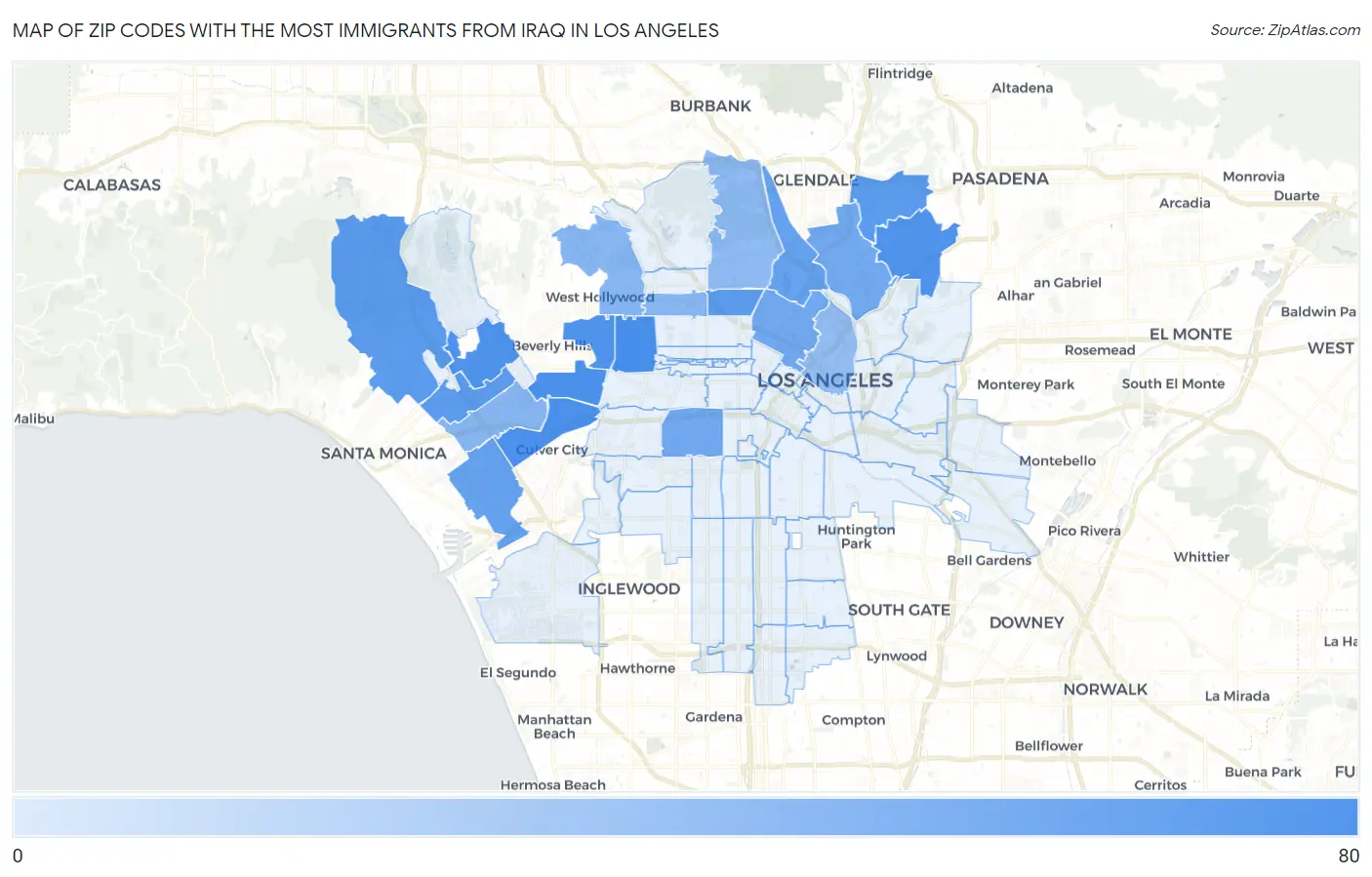 Zip Codes with the Most Immigrants from Iraq in Los Angeles Map