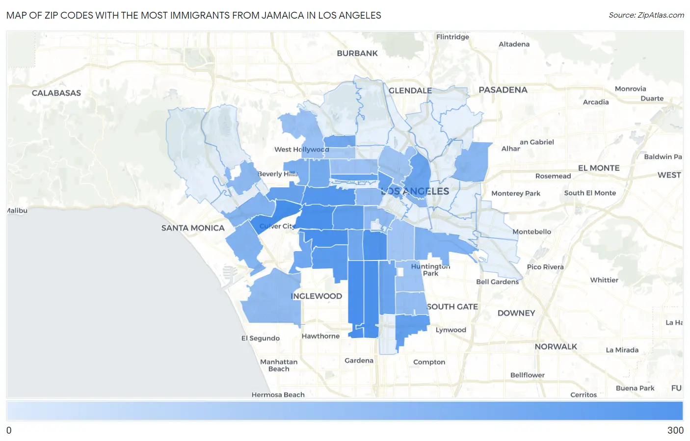 Zip Codes with the Most Immigrants from Jamaica in Los Angeles Map