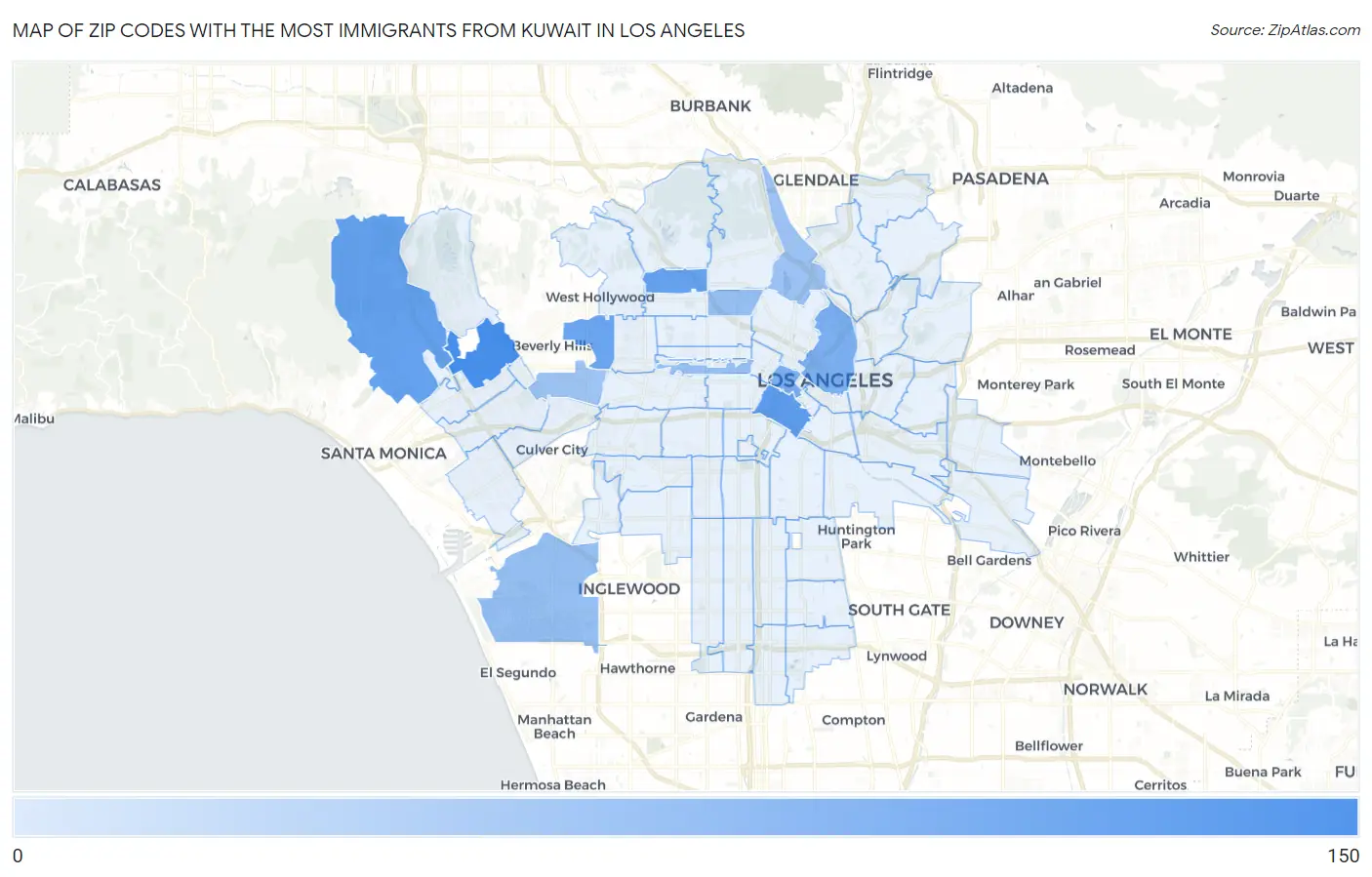 Zip Codes with the Most Immigrants from Kuwait in Los Angeles Map