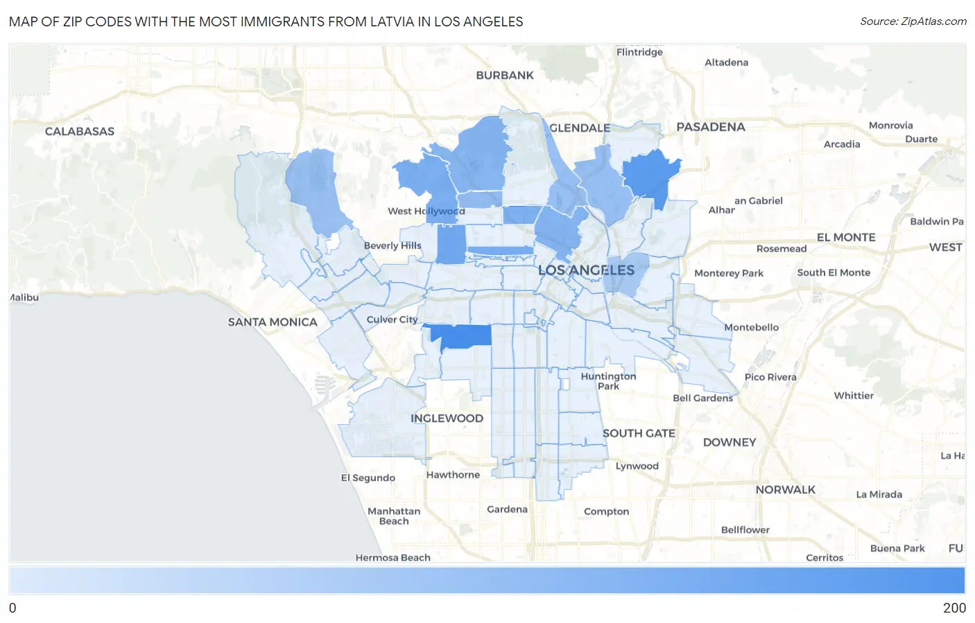 Zip Codes with the Most Immigrants from Latvia in Los Angeles Map