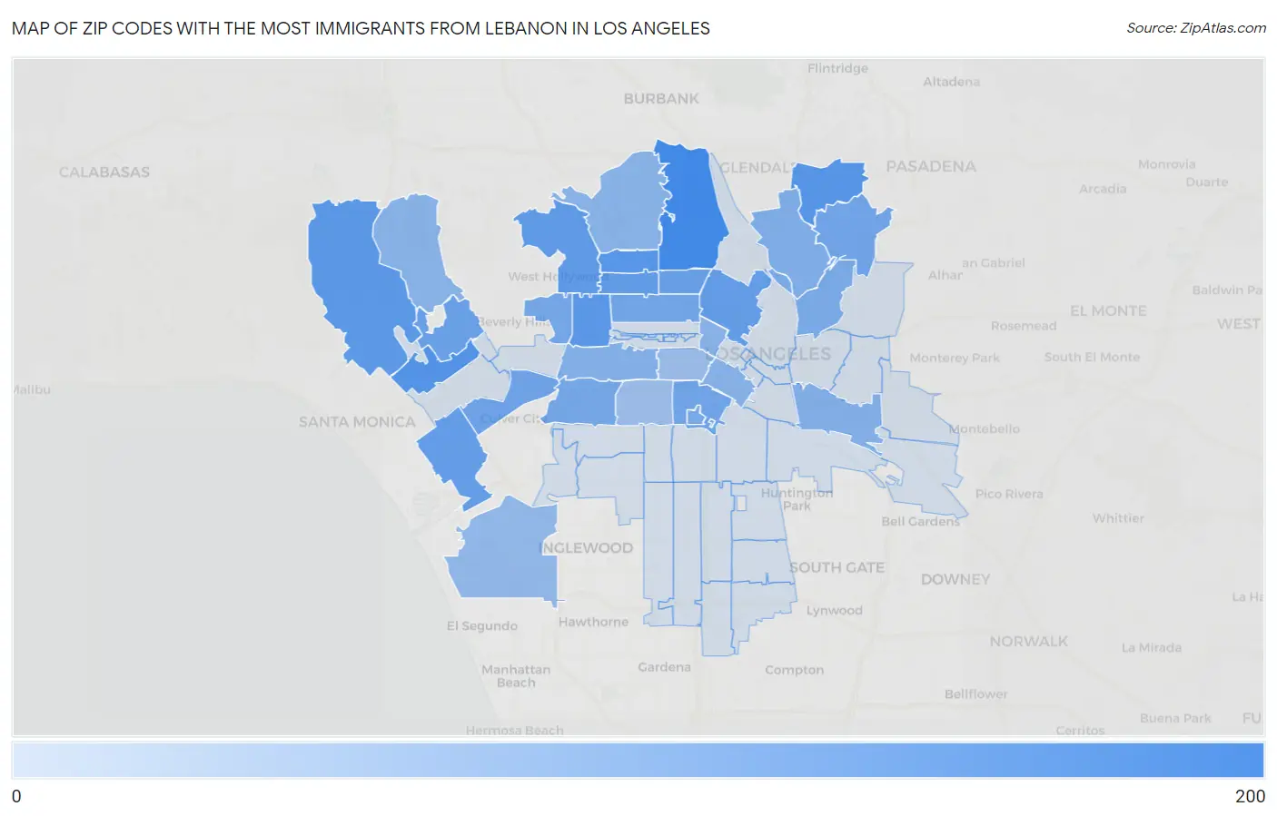 Zip Codes with the Most Immigrants from Lebanon in Los Angeles Map