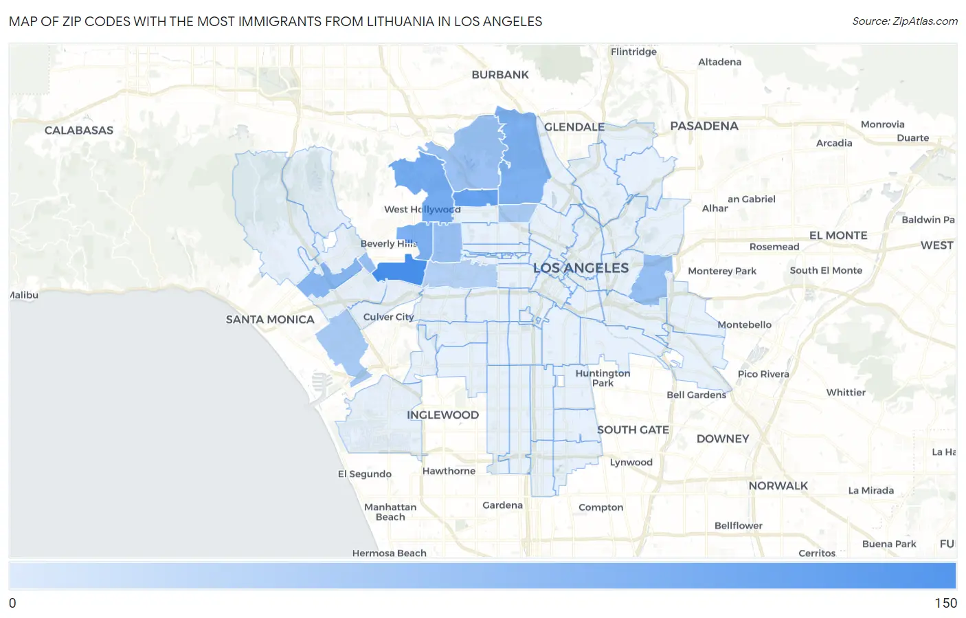 Zip Codes with the Most Immigrants from Lithuania in Los Angeles Map