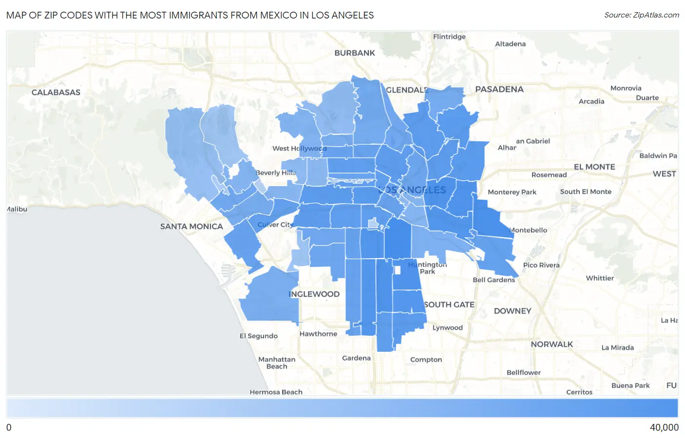 Zip Codes with the Most Immigrants from Mexico in Los Angeles Map