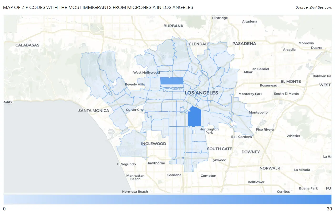 Zip Codes with the Most Immigrants from Micronesia in Los Angeles Map