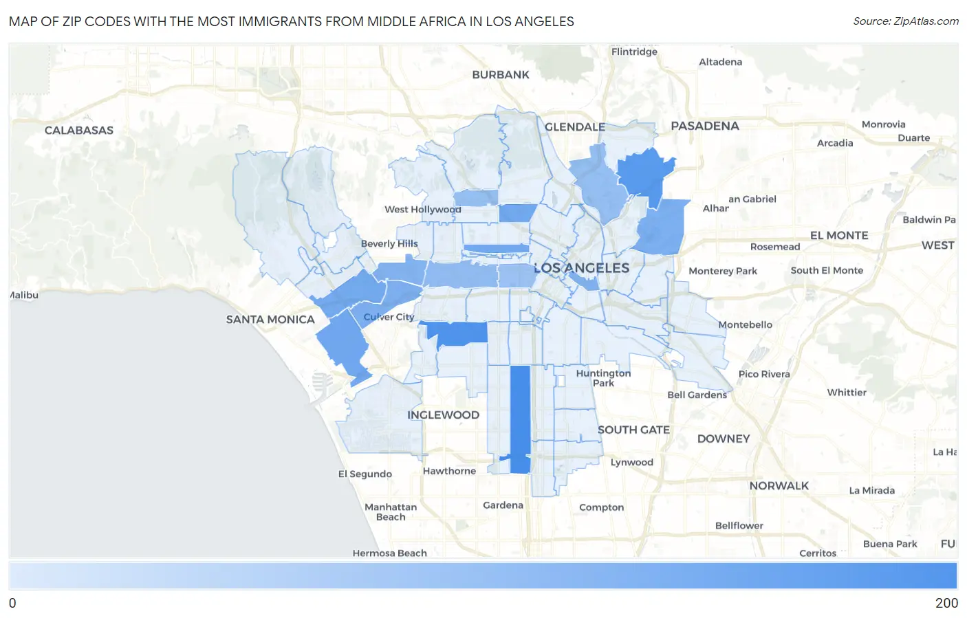 Zip Codes with the Most Immigrants from Middle Africa in Los Angeles Map