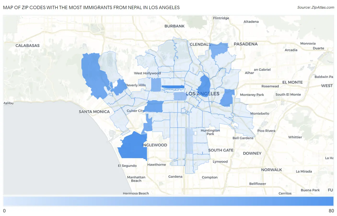 Zip Codes with the Most Immigrants from Nepal in Los Angeles Map