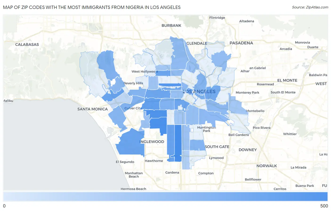 Zip Codes with the Most Immigrants from Nigeria in Los Angeles Map