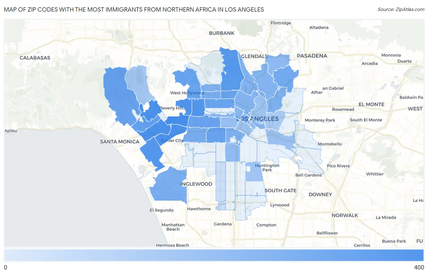 Zip Codes with the Most Immigrants from Northern Africa in Los Angeles Map