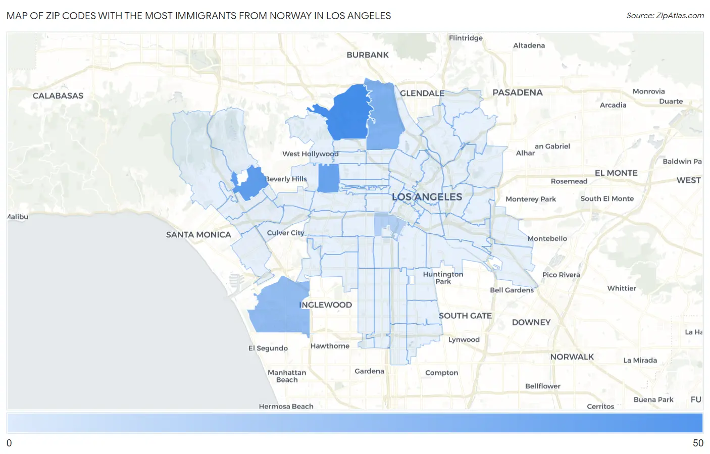 Zip Codes with the Most Immigrants from Norway in Los Angeles Map