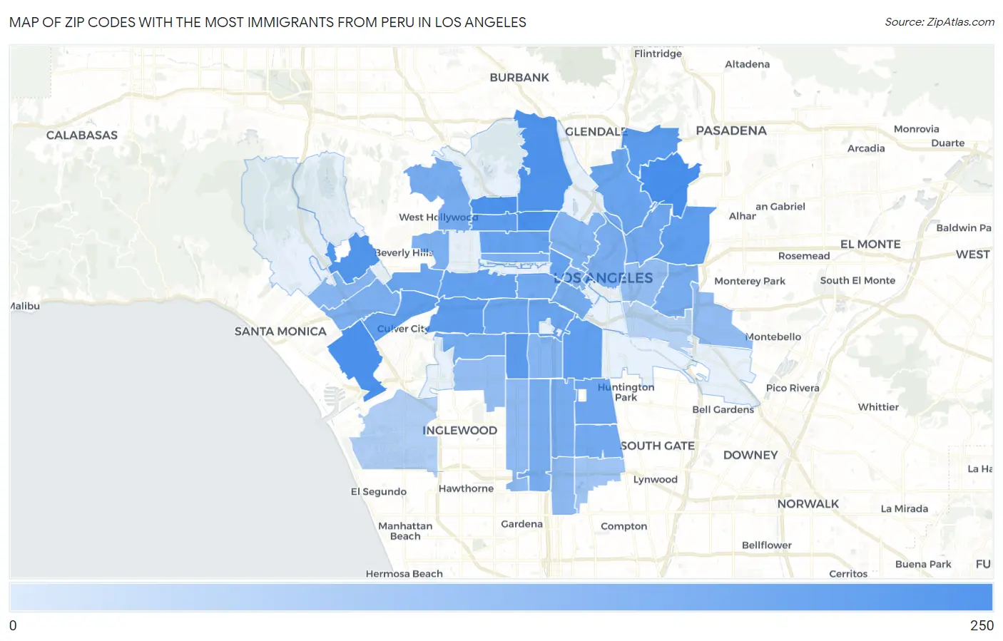 Zip Codes with the Most Immigrants from Peru in Los Angeles Map