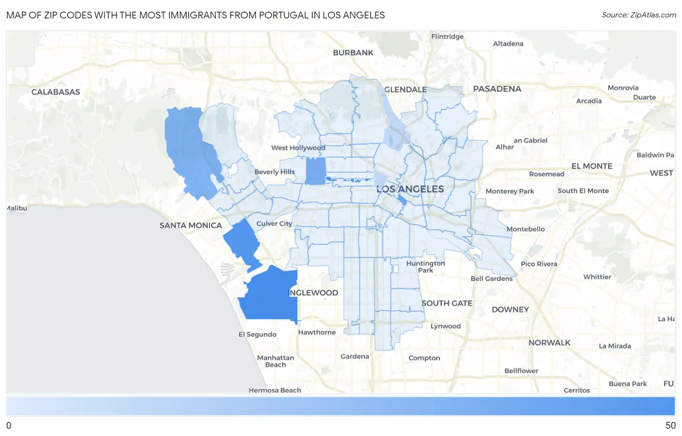 Zip Codes with the Most Immigrants from Portugal in Los Angeles Map