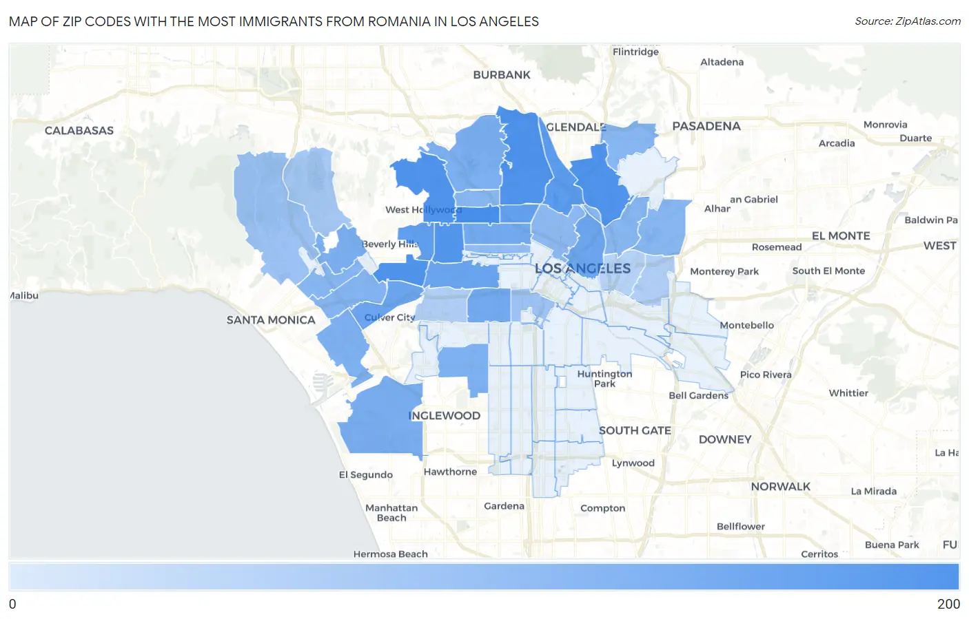 Zip Codes with the Most Immigrants from Romania in Los Angeles Map