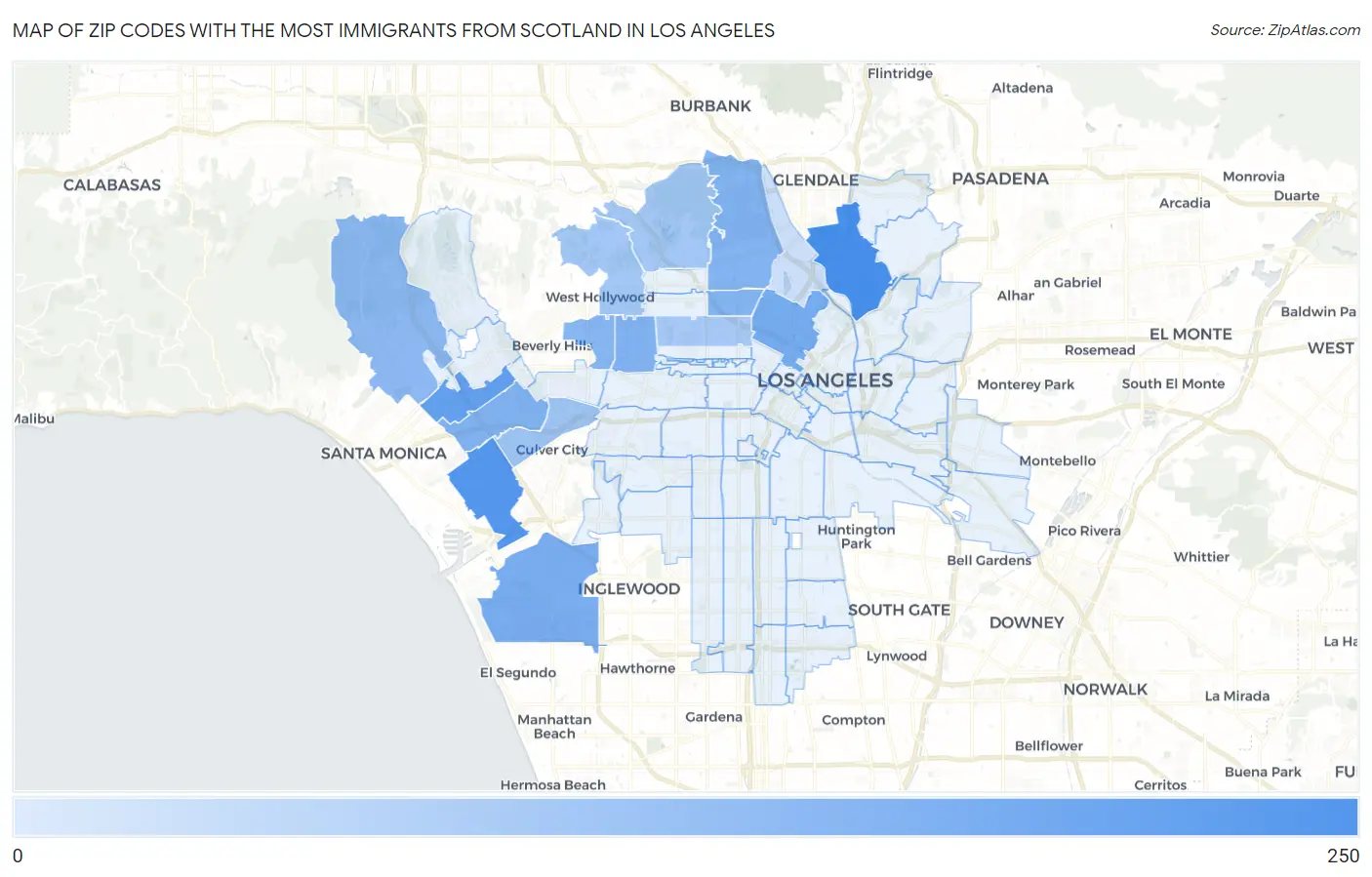 Zip Codes with the Most Immigrants from Scotland in Los Angeles Map