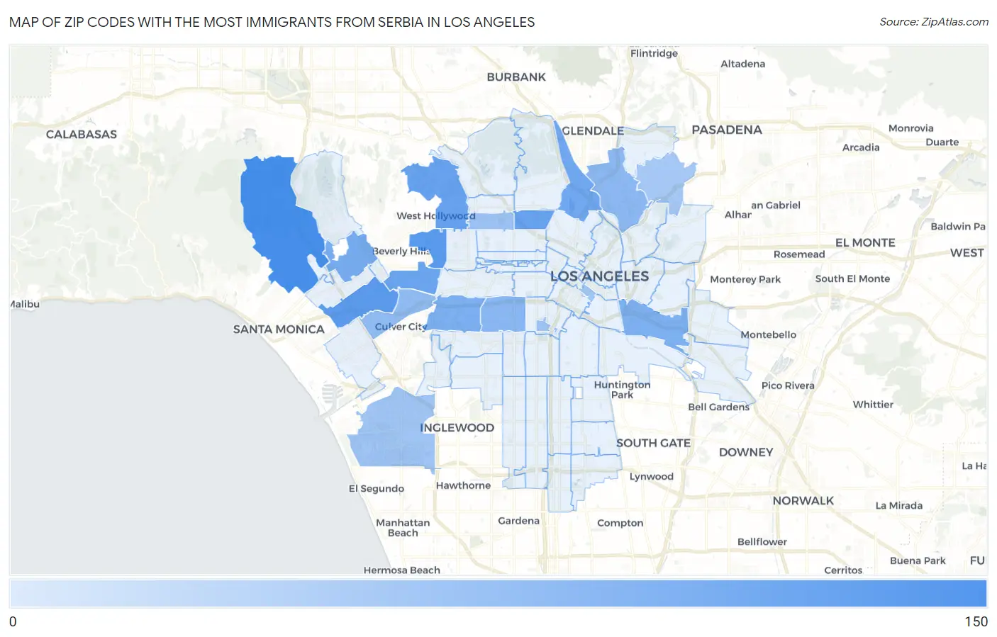 Zip Codes with the Most Immigrants from Serbia in Los Angeles Map