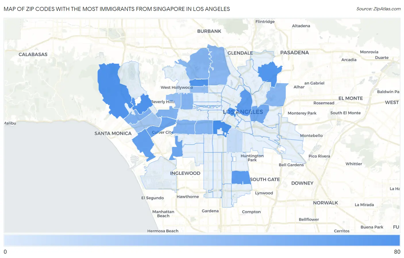 Zip Codes with the Most Immigrants from Singapore in Los Angeles Map