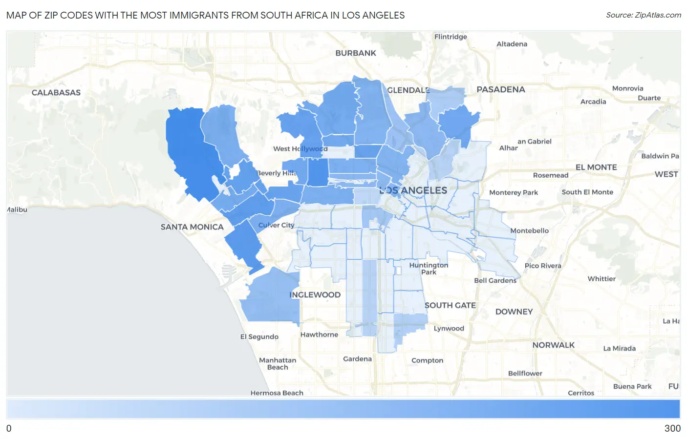 Zip Codes with the Most Immigrants from South Africa in Los Angeles Map